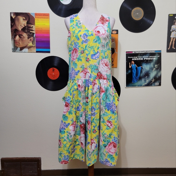 Vintage Yellow Drop Waist Floral Dress - Picture 1 of 7